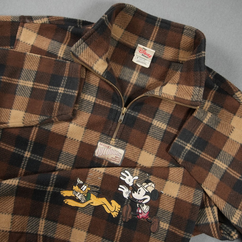 VTG 90s Mickey Outdoors Plaid Fleece 1/4 Zip Men Pullover M Disney Store Retro
